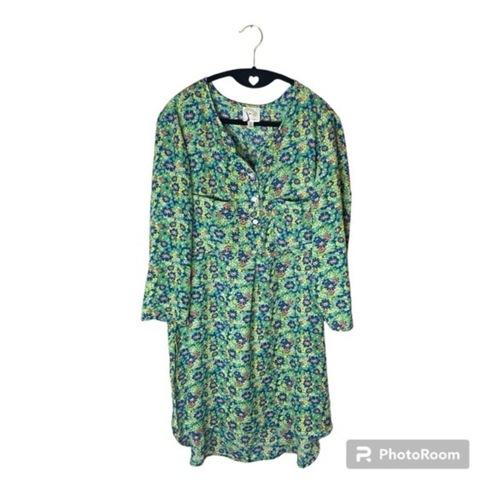 Anthropologie Fig and Flower Green Blue and Yellow Floral Dress Size Large